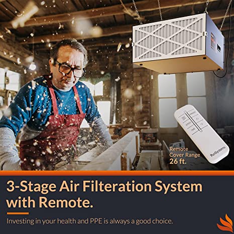 Purisystems Air Filtration System 3-Speed Remote, Built-in Ionizer, PuriCare 1100IG Hanging Air Filter w/RF Remote for Woodworking, Garage, Shop Dust Collector, up to 1100 sq. ft (1100 CFM) AlorAir
