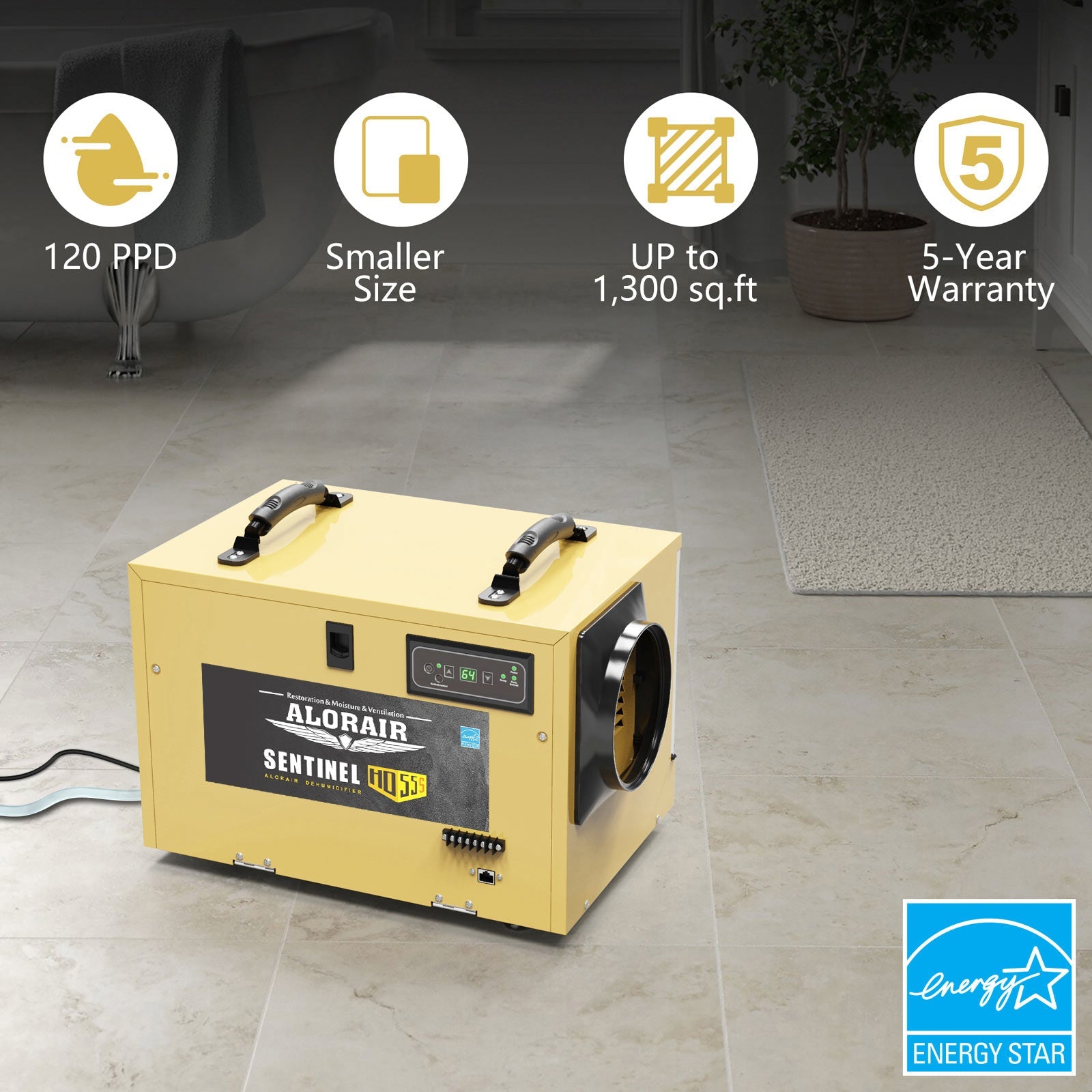 AlorAir Sentinel HD55S (GOLD) 120 PPD Commercial Dehumidifier, with Drain Hose for Crawl Spaces, Basements, Industry Water Damage Unit, cETL Listed, Compact, Portable, Auto Defrost, Memory Starting, 5 Years Warranty AlorAir