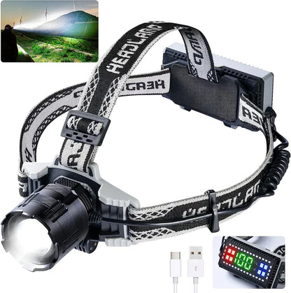 AlorAir LED Rechargeable Headlamp,1200 Lumens Super Bright with XHP160,4 Modes USB Zoomable Head Lamp,Digital Power Display,IPX6 Waterproof Headlight with Warning Light for Dark Space,Camping,Running AlorAir