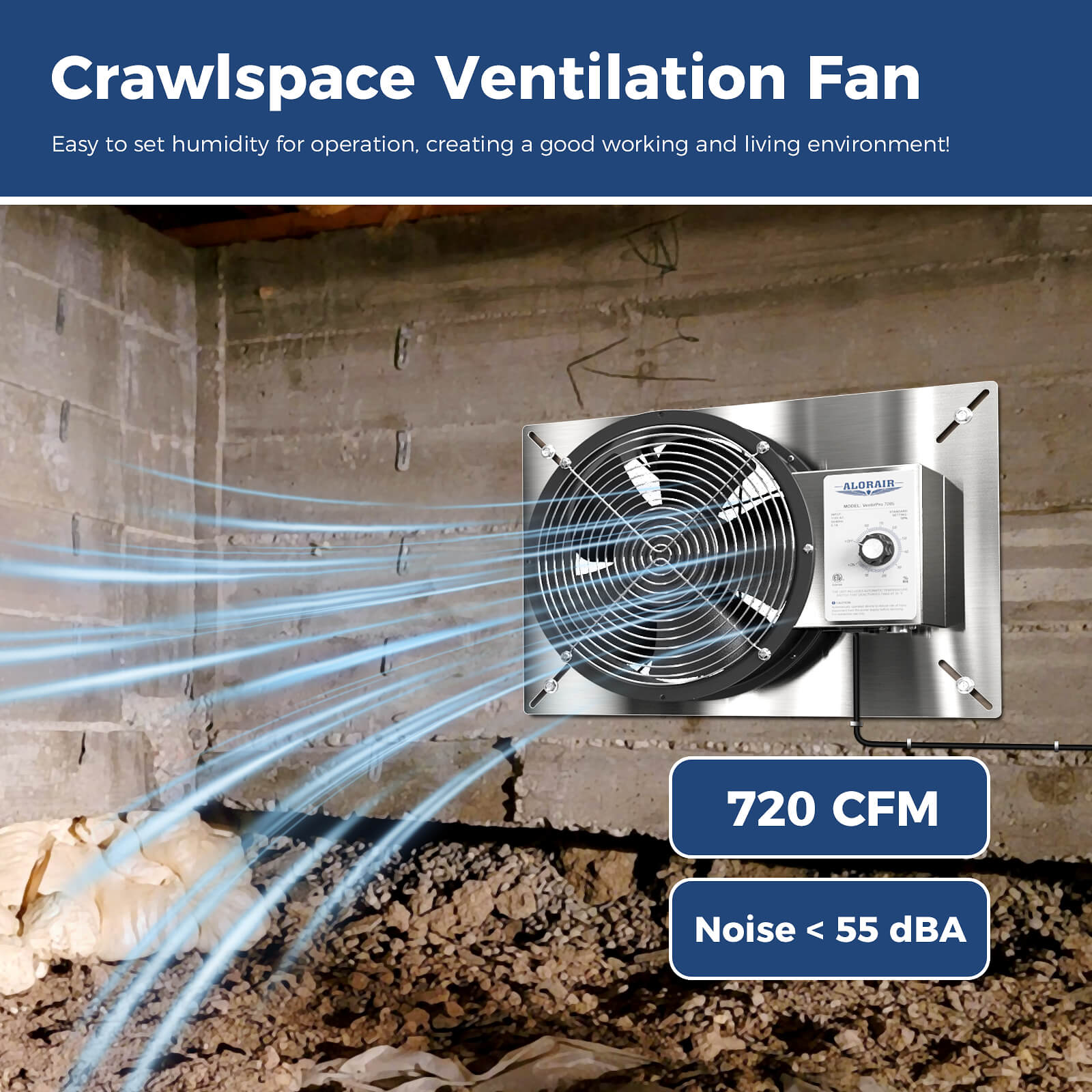 AlorAir Stainless Steel Crawl Space Ventilator Fan - 720 CFM Air Out Vent Fan with Humidistat Dehumidistat, IP55 Rated with Isolation Mesh for Basements, Garage, Attic AlorAir